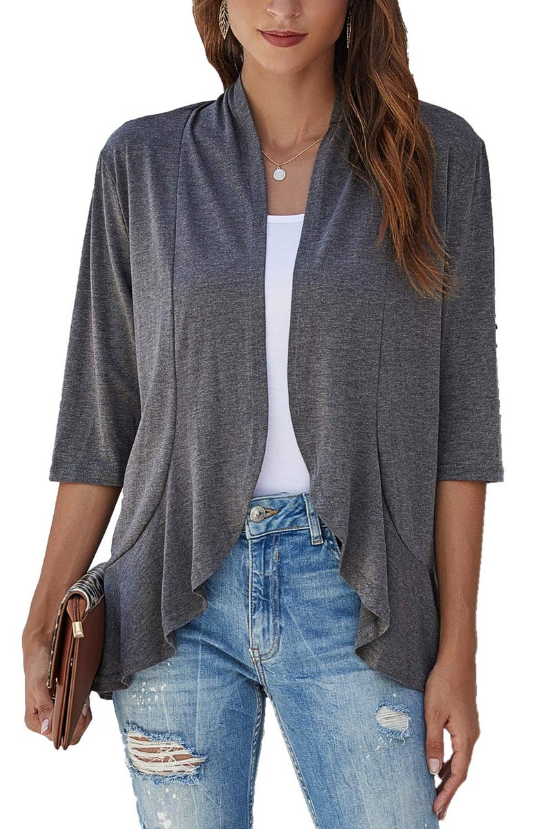 Bluetime Women Casual Lightweight Open Front Cardigans Soft Draped Ruffles 3/4 Sleeve Cardigan (S, Charcoal) - Image 1